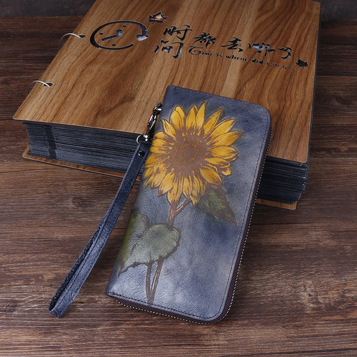 Wholesale first layer cowhide to engrave sunflower ladies wallet JDC-WT-Jiabl001