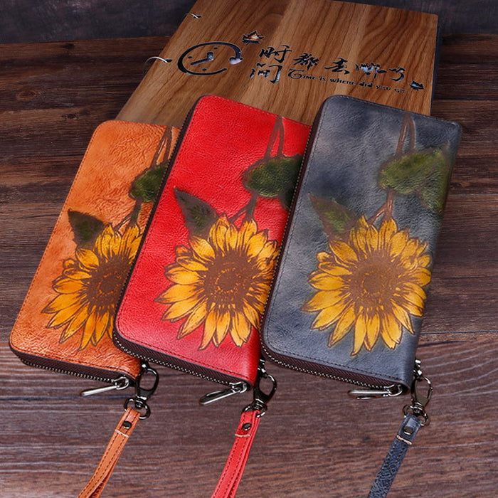 Wholesale first layer cowhide to engrave sunflower ladies wallet JDC-WT-Jiabl001