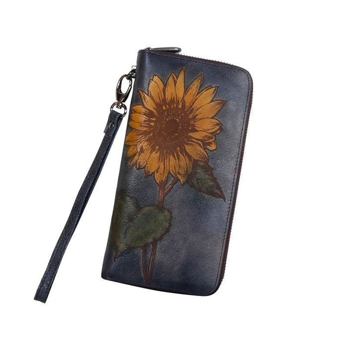 Wholesale first layer cowhide to engrave sunflower ladies wallet JDC-WT-Jiabl001