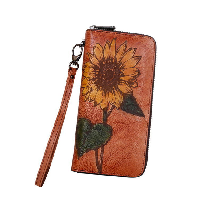 Wholesale first layer cowhide to engrave sunflower ladies wallet JDC-WT-Jiabl001