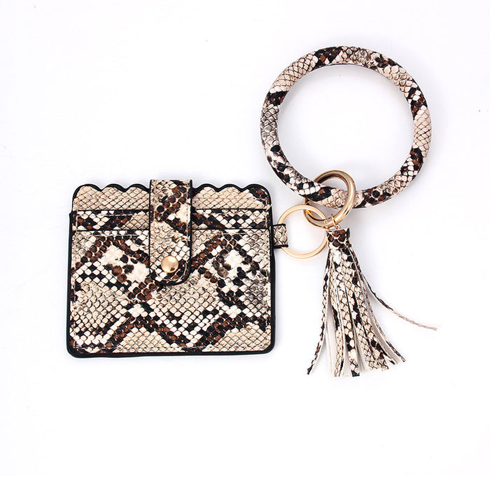 Wholesale Leopard Print PU Leather Tassel Bracelet Keychain ID Holder Coin Purse JDC-WT-Jingy003