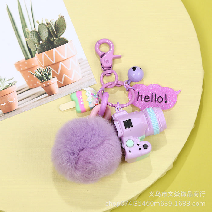 Wholesale card rabbit hair real hair camera keychain pendant MOQ≥3 JDC-KC-WYan004