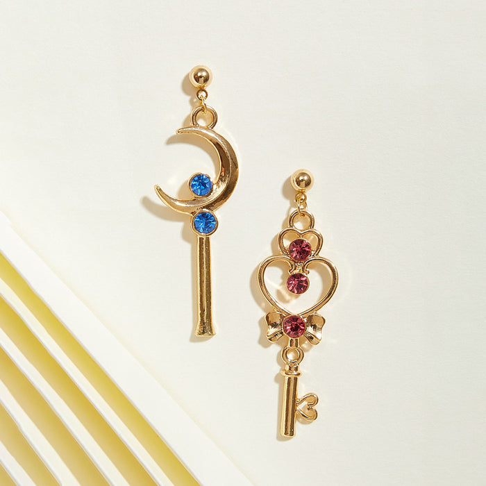 Wholesale beautiful girl earrings color diamond moon key left and right AB models JDC-ES-Qiandi017