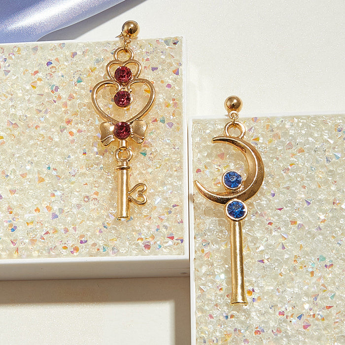 Wholesale beautiful girl earrings color diamond moon key left and right AB models JDC-ES-Qiandi017