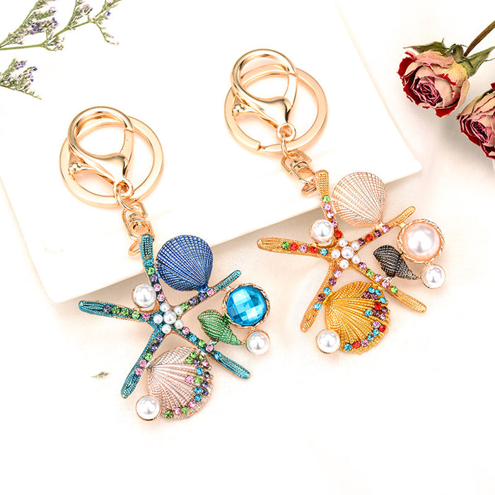 Wholesale Bohemian Shell Starfish Rhinestone Alloy Keychain MOQ≥2 JDC-KC-DingJ003