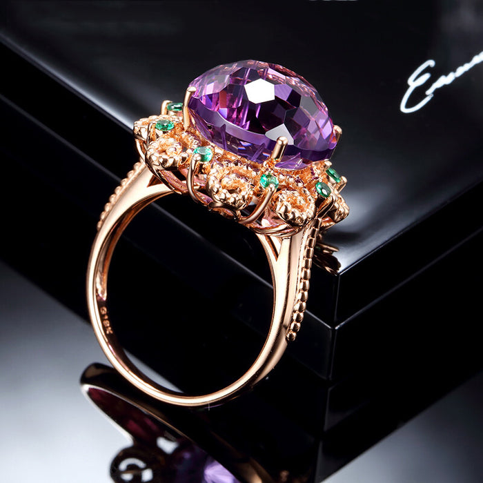 Wholesale Ring Amethyst Colored Gemstone Copper Plated 14k Rose Gold JDC-RS-ZhenR025