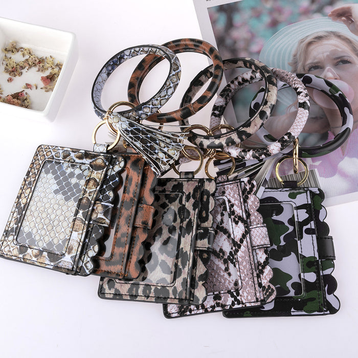 Wholesale Leopard Print PU Leather Tassel Bracelet Keychain ID Holder Coin Purse JDC-WT-Jingy003