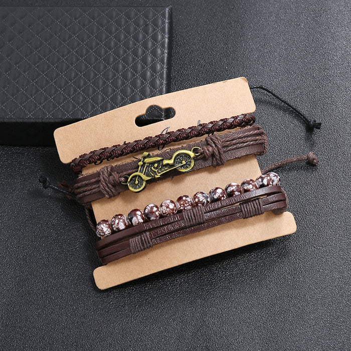 Wholesale Braided Leather Bracelet Beaded Vintage Men's Set Motorcycle Bracelet JDC-BT-SaiH015