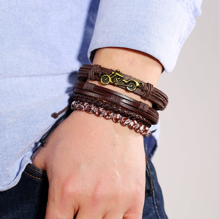 Wholesale Braided Leather Bracelet Beaded Vintage Men's Set Motorcycle Bracelet JDC-BT-SaiH015