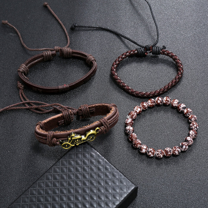 Wholesale Braided Leather Bracelet Beaded Vintage Men's Set Motorcycle Bracelet JDC-BT-SaiH015