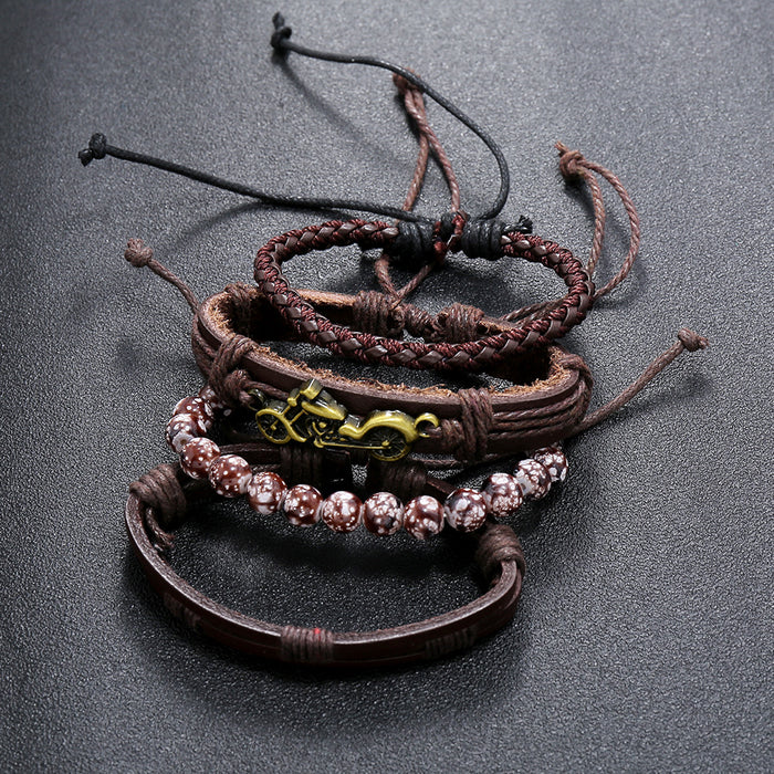 Wholesale Braided Leather Bracelet Beaded Vintage Men's Set Motorcycle Bracelet JDC-BT-SaiH015