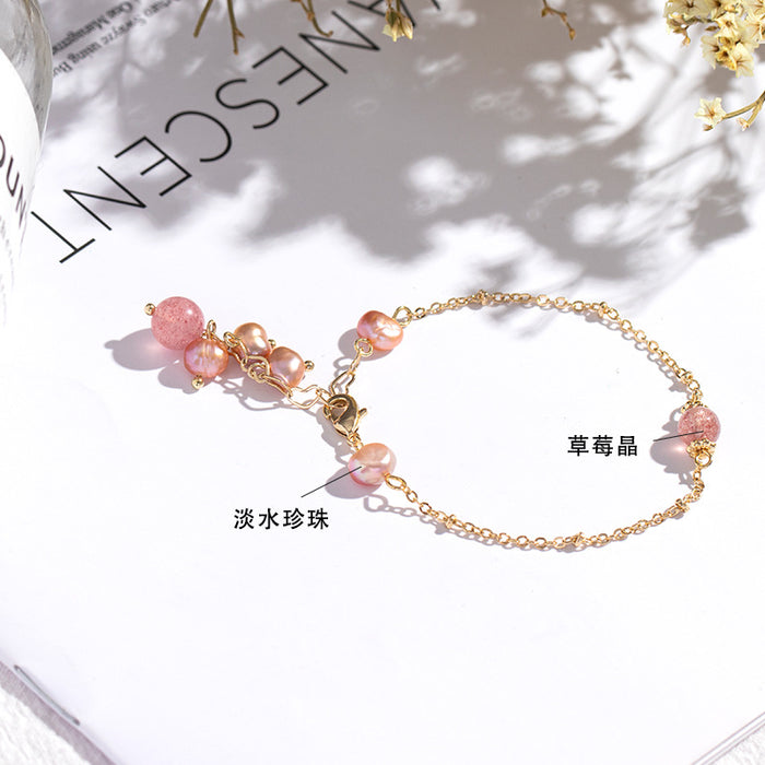 Wholesale Bracelet Alloy Badu Strawberry Crystal Copper Plated Real Gold Pink Pearl JDC-BT-BaDu005