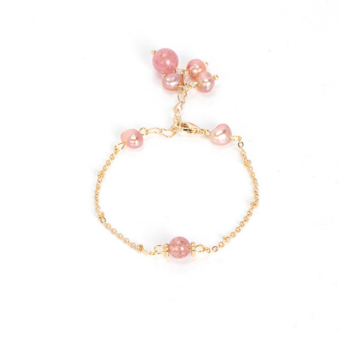 Wholesale Bracelet Alloy Badu Strawberry Crystal Copper Plated Real Gold Pink Pearl JDC-BT-BaDu005