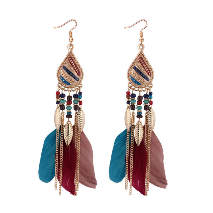 Wholesale Tassel Earrings Water Drop Feather Long MOQ≥2 JDC-ES-qifu004