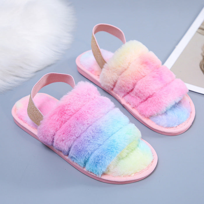 Wholesale Fashion Plush Rainbow Style Heel Slippery Shoes JDC-SD-PeiN001