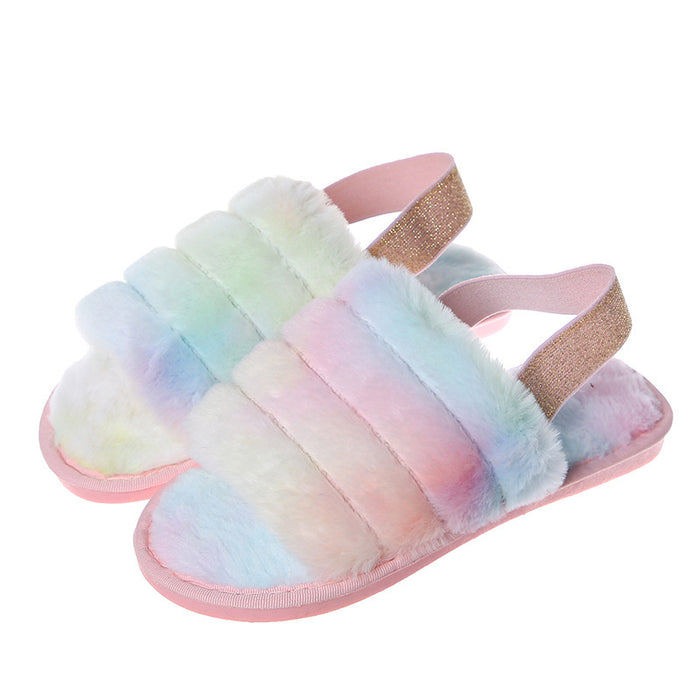 Wholesale Fashion Plush Rainbow Style Heel Slippery Shoes JDC-SD-PeiN001