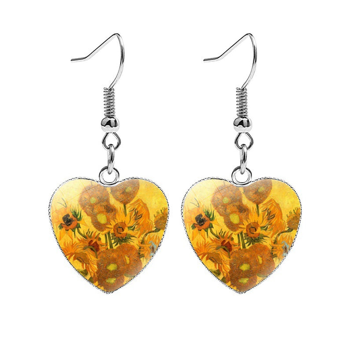 Wholesale Earrings Metal Time Gemstone Glass Heart Oil Painting JDC-ES-NH013