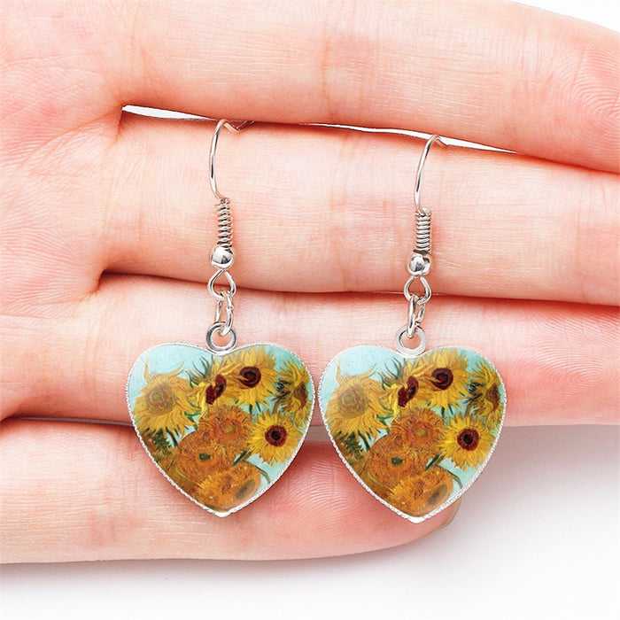 Wholesale Earrings Metal Time Gemstone Glass Heart Oil Painting JDC-ES-NH013