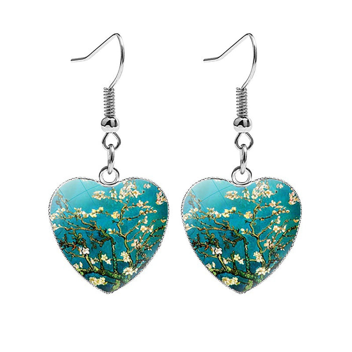 Wholesale Earrings Metal Time Gemstone Glass Heart Oil Painting JDC-ES-NH013