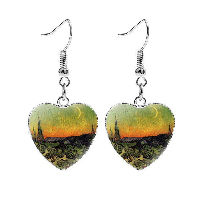 Wholesale Earrings Metal Time Gemstone Glass Heart Oil Painting JDC-ES-NH013