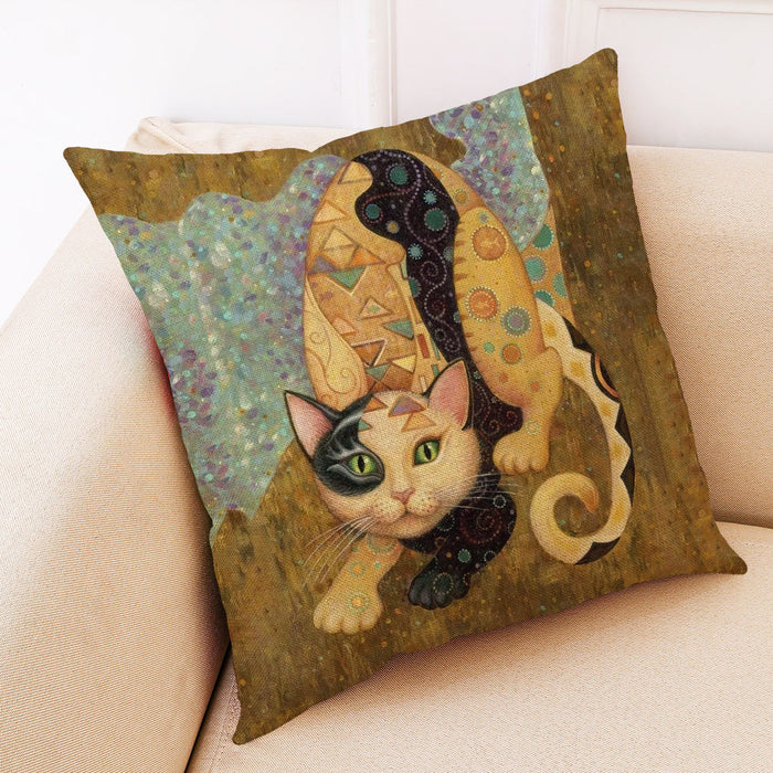 Wholesale Pillow Cover Art Mural Cat Print Cotton Linen Hug JDC-PW-Jiongkun003