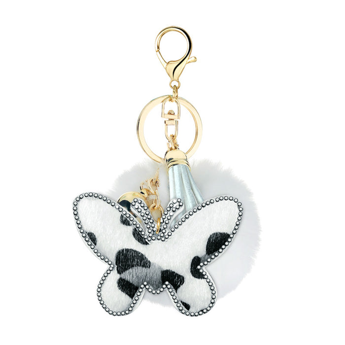 Wholesale korean velvet diamond leopard print butterfly fur ball metal keychain MOQ≥10 JDC-KC-Yongz011