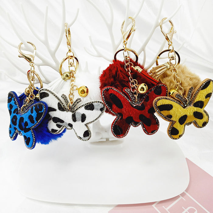 Wholesale korean velvet diamond leopard print butterfly fur ball metal keychain MOQ≥10 JDC-KC-Yongz011