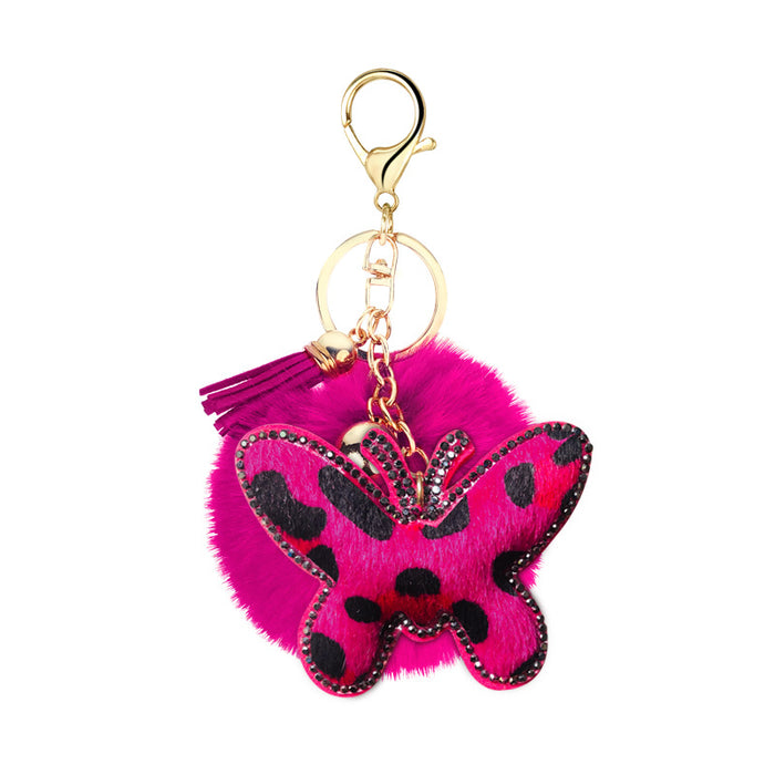 Wholesale korean velvet diamond leopard print butterfly fur ball metal keychain MOQ≥10 JDC-KC-Yongz011