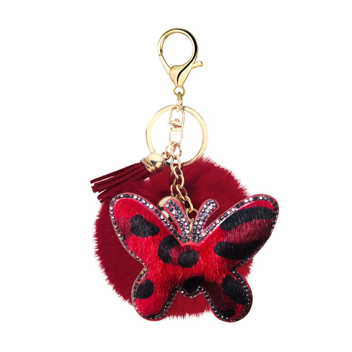 Wholesale korean velvet diamond leopard print butterfly fur ball metal keychain MOQ≥10 JDC-KC-Yongz011