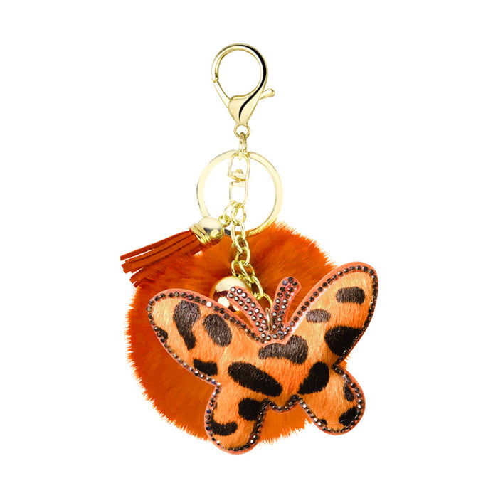 Wholesale korean velvet diamond leopard print butterfly fur ball metal keychain MOQ≥10 JDC-KC-Yongz011