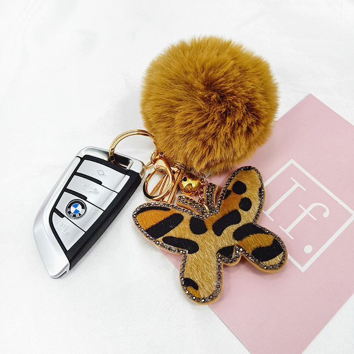 Wholesale korean velvet diamond leopard print butterfly fur ball metal keychain MOQ≥10 JDC-KC-Yongz011