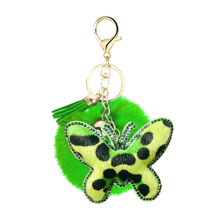 Wholesale korean velvet diamond leopard print butterfly fur ball metal keychain MOQ≥10 JDC-KC-Yongz011