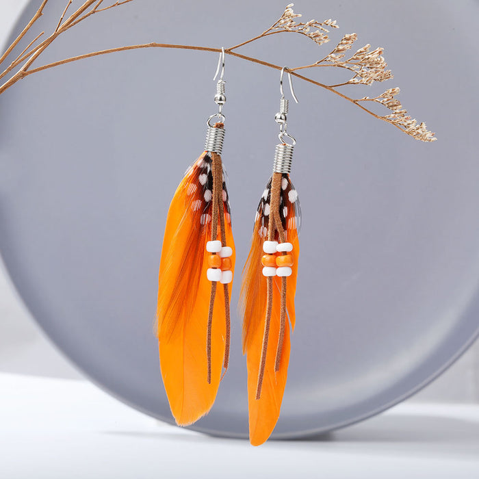 Wholesale Long Feather Earrings Boho Rice Beads Tassel MOQ≥2 JDC-ES-Zhongn001