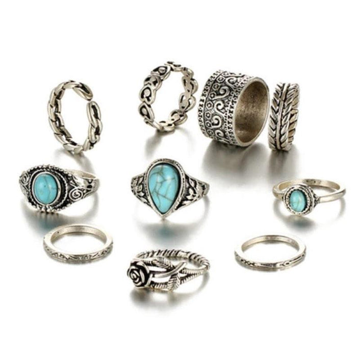 Wholesale Vintage Totem Flower Turquoise Knuckle Alloy Ring Set JDC-RS-Saip010