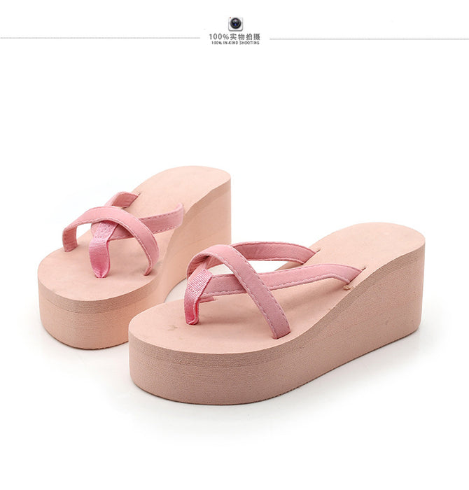 Wholesale solid color beach flip-flops fashion high heel wedge heel platform flip flops JDC-SD-ShunX001