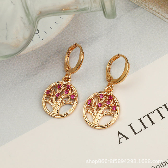 Wholesale Hollow Round Diamonds Tree of Life Copper Earrings MOQ≥2 JDC-ES-Yongz001