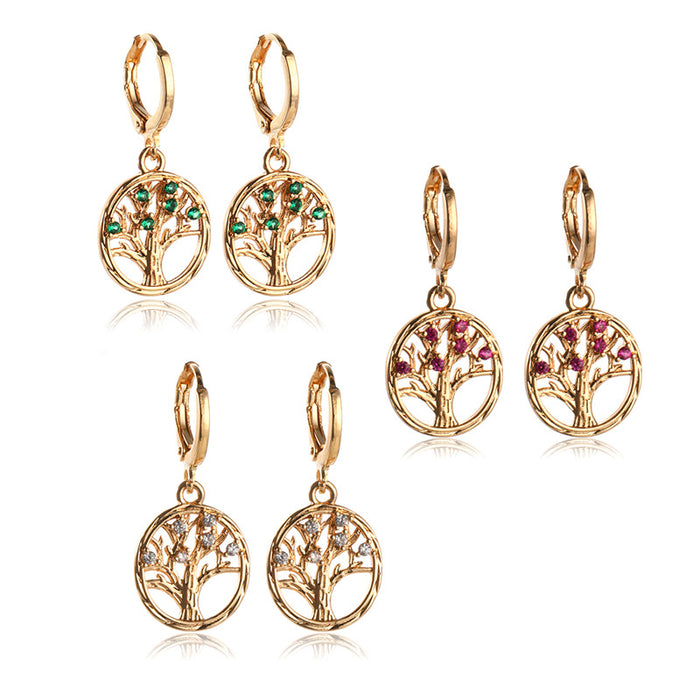 Wholesale Hollow Round Diamonds Tree of Life Copper Earrings MOQ≥2 JDC-ES-Yongz001