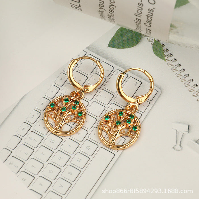 Wholesale Hollow Round Diamonds Tree of Life Copper Earrings MOQ≥2 JDC-ES-Yongz001