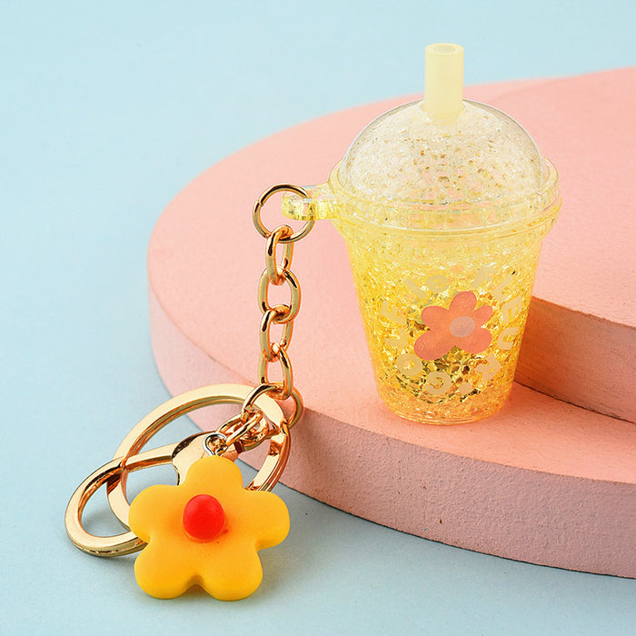 Wholesale Keychains Acrylic Hardware Cracked Small Flower Milk Tea Cup LED With Light JDC-KC-YPin032