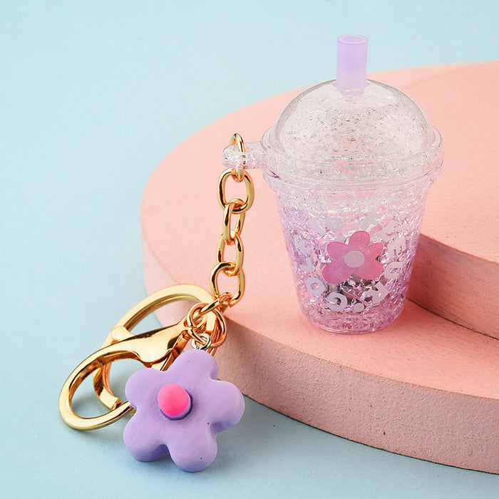 Wholesale Keychains Acrylic Hardware Cracked Small Flower Milk Tea Cup LED With Light JDC-KC-YPin032