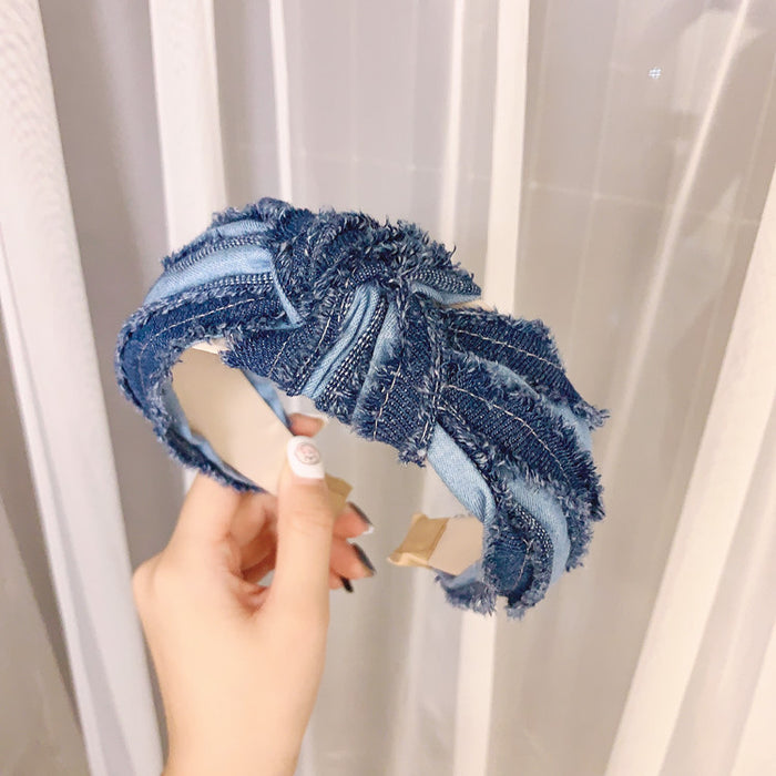 Wholesale Headband Denim Raw Edge Retro Style Wide Side Pressed Hair MOQ≥2 JDC-HD-HaoY001