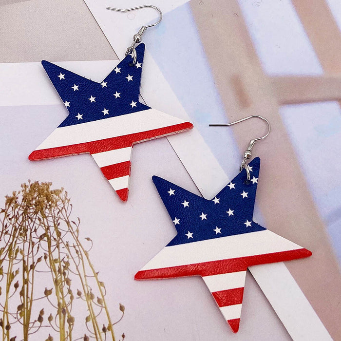 Wholesale 4th of July Independence Day Leather Earrings Printed Flag Pentagram MOQ≥2 JDC-ES-Chengy019