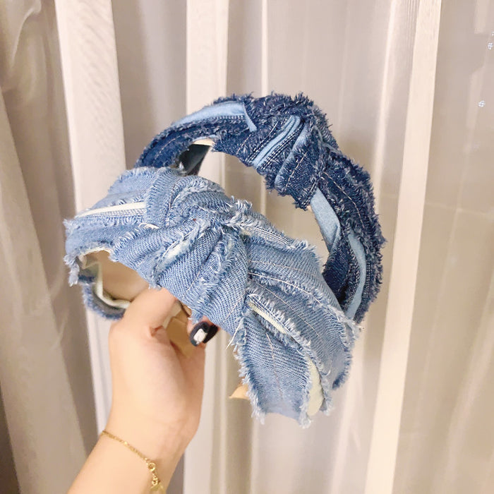 Wholesale Headband Denim Raw Edge Retro Style Wide Side Pressed Hair MOQ≥2 JDC-HD-HaoY001