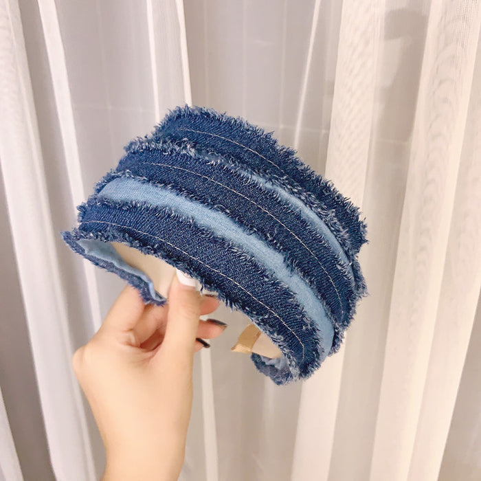 Wholesale Headband Denim Raw Edge Retro Style Wide Side Pressed Hair MOQ≥2 JDC-HD-HaoY001