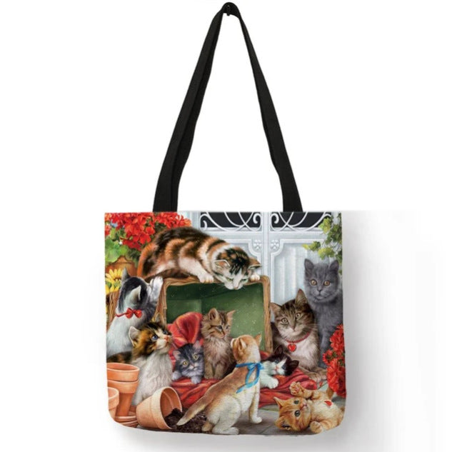 Wholesale Printing Waterproof Cotton Sack Oil Painting Cat Cloth Bag Eco-friendly JDC-SD-QTu002