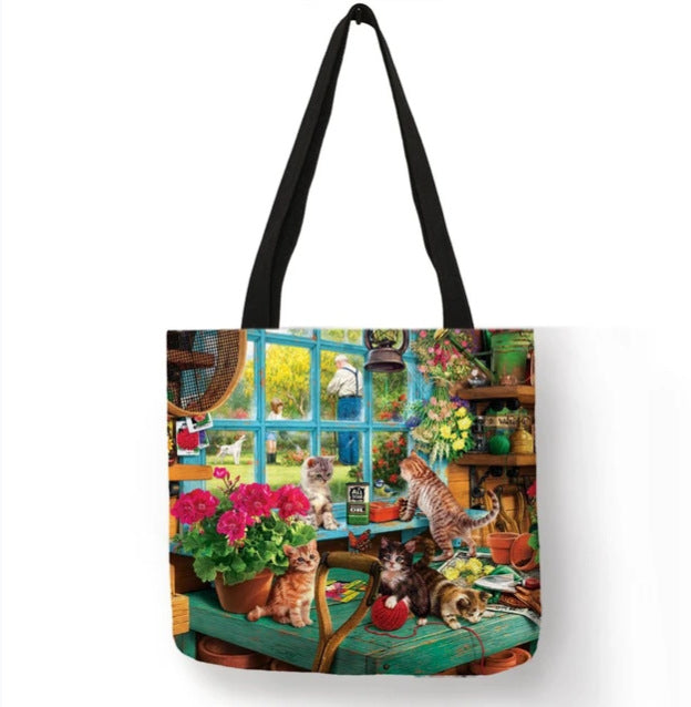 Wholesale Printing Waterproof Cotton Sack Oil Painting Cat Cloth Bag Eco-friendly JDC-SD-QTu002