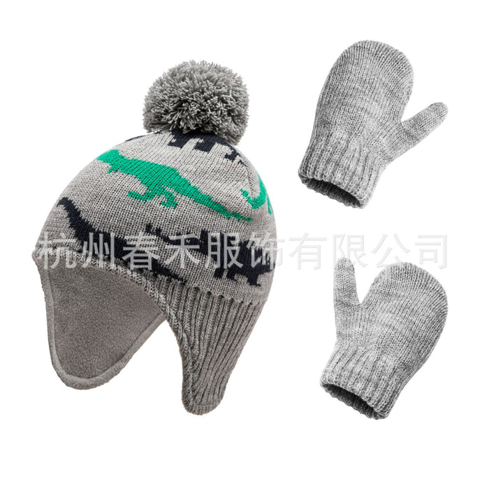 Wholesale Hat Acrylic Cute Dinosaur Winter Kids Knitted Hat Gloves 2 Piece Set MOQ≥2 JDC-FH-Chunh003