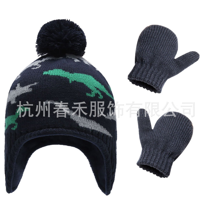 Wholesale Hat Acrylic Cute Dinosaur Winter Kids Knitted Hat Gloves 2 Piece Set MOQ≥2 JDC-FH-Chunh003