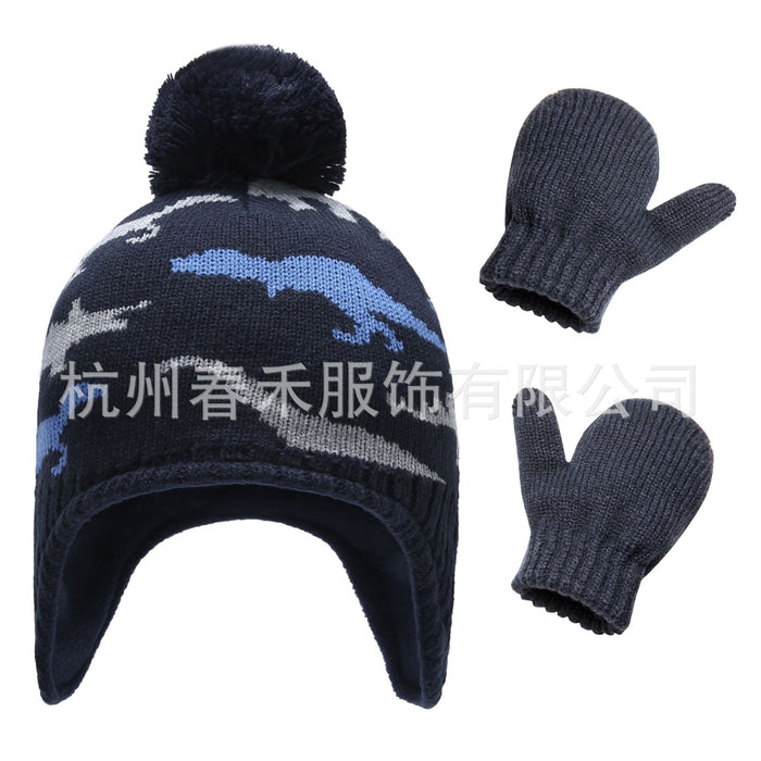 Wholesale Hat Acrylic Cute Dinosaur Winter Kids Knitted Hat Gloves 2 Piece Set MOQ≥2 JDC-FH-Chunh003