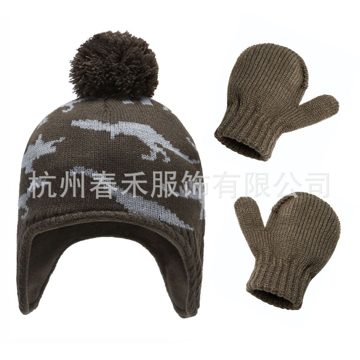 Wholesale Hat Acrylic Cute Dinosaur Winter Kids Knitted Hat Gloves 2 Piece Set MOQ≥2 JDC-FH-Chunh003